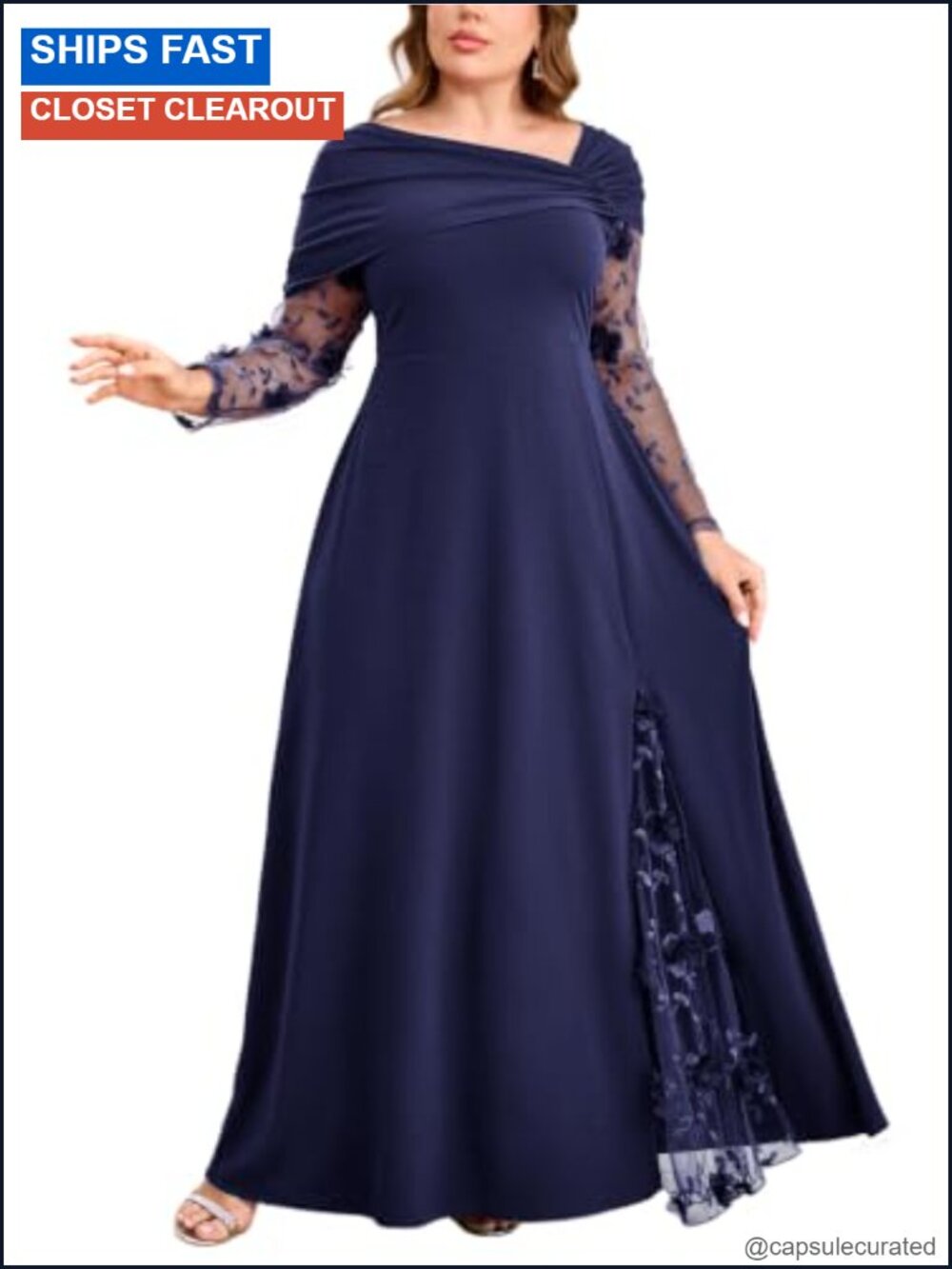 Plus Size 3D Floral Sleeve Mesh A Line Maxi Formal Evening Gown Side Slit